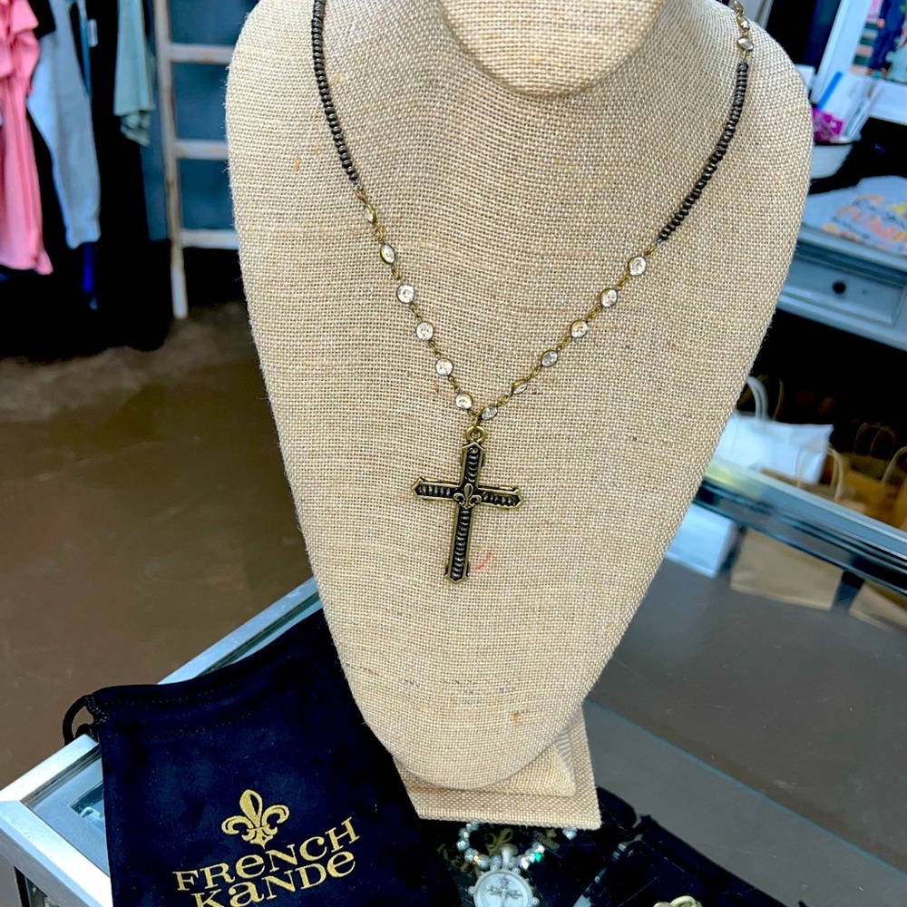 French Kande Swarovski and Pyrite Cross Necklace
